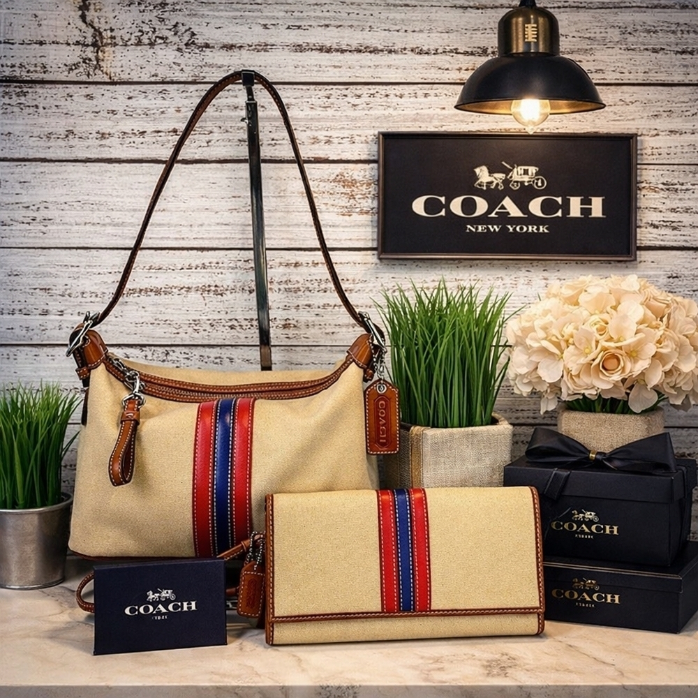 Coach Y2K Soho Hampton Stripe Hand Shoulder Bag Tan Brown Wallet Set Purse guc